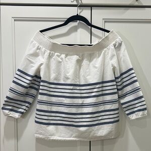 Vineyard Vines Breaker Off the Shoulder White and Blue Striped Top